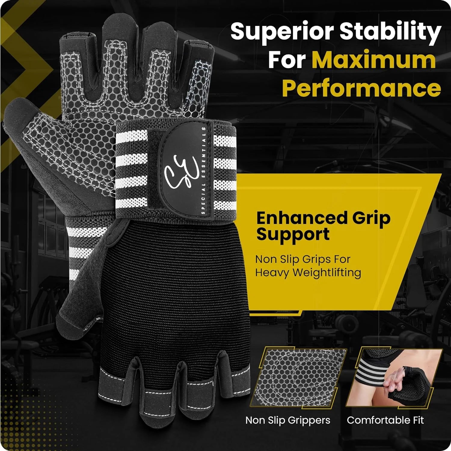 Workout Gym Gloves for Men and Women, Fingerless Exercise Gloves with Non-Slip Neoprene Padding and Wrist Strap. Perfect for Weightlifting, Cycling & Training