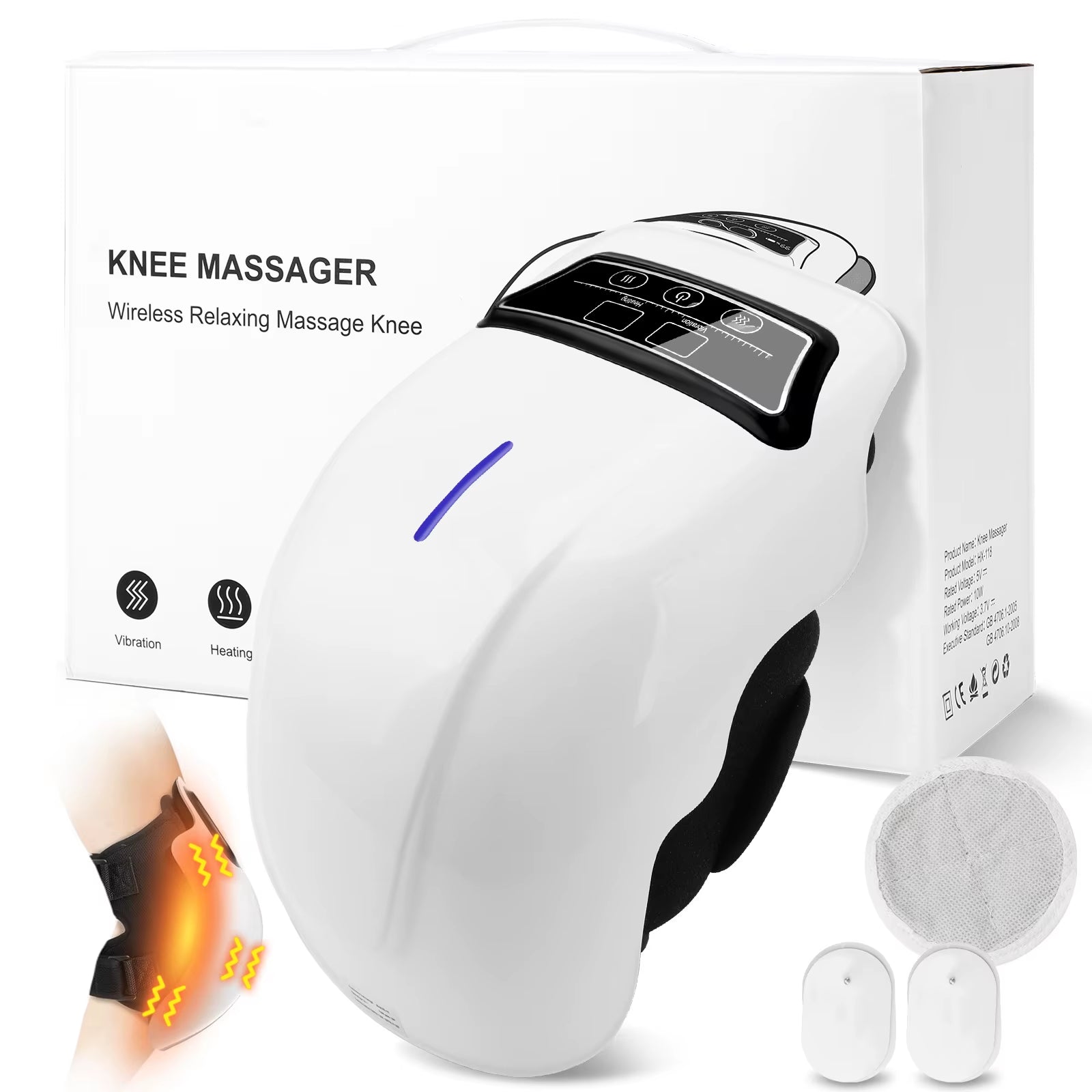 Knee Massage Device Electric Knee Massager Adjustable Temperature Vibration Cordless Knee Massager with LED Screen White