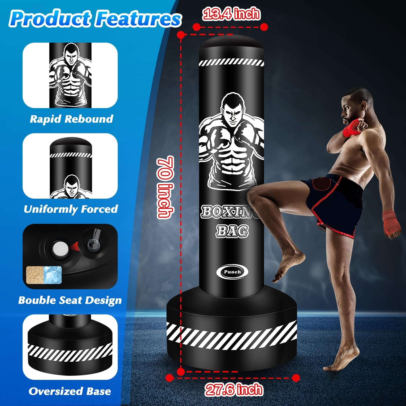 Standing Punching Bag for Adults Teens, 70" Heavy Punching Bag with Stand, He...