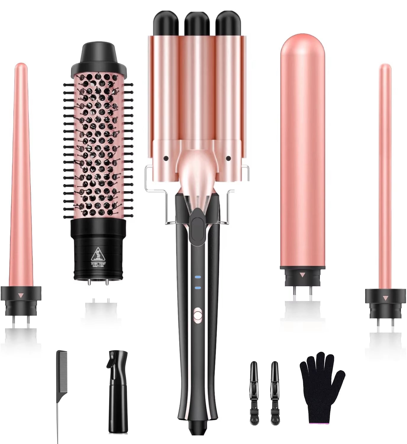 5 in 1 Hair Curlers Set with Curling Brush, 0.35”-1.25” Hair Curler Wand for Hairstyle and Heat Resistant Gloves and Hair Clip