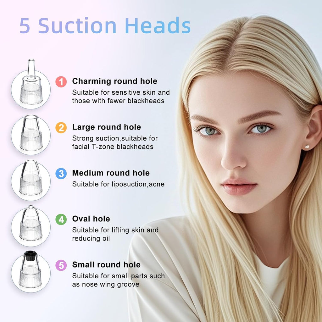 Blackhead Remover Vacuum Facial Pore Cleaner Electric Comedone Whitehead Extractor 5 Suction Probes and 5 Suction Levels Rechargeable Black Heads Remover Tools for Women & Men Facial Skin Care (White)