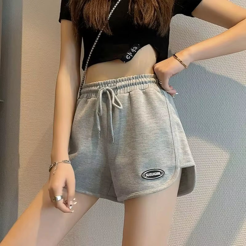 Women Casual Drawstring Sports Shorts Summer Thin High Waist Yoga A-Line Shorts Loose Women Running Straight Trousers