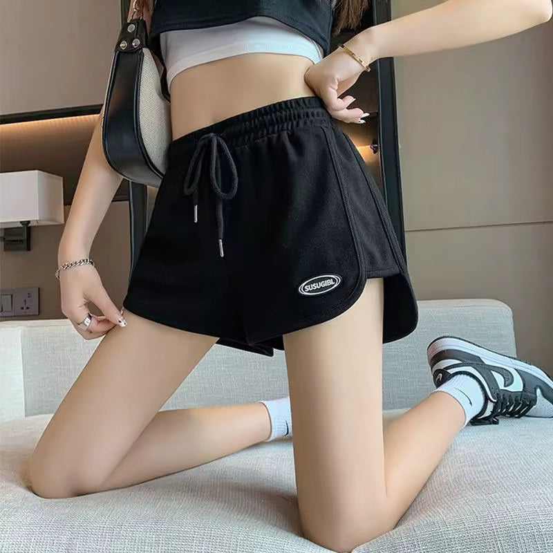 Women Casual Drawstring Sports Shorts Summer Thin High Waist Yoga A-Line Shorts Loose Women Running Straight Trousers